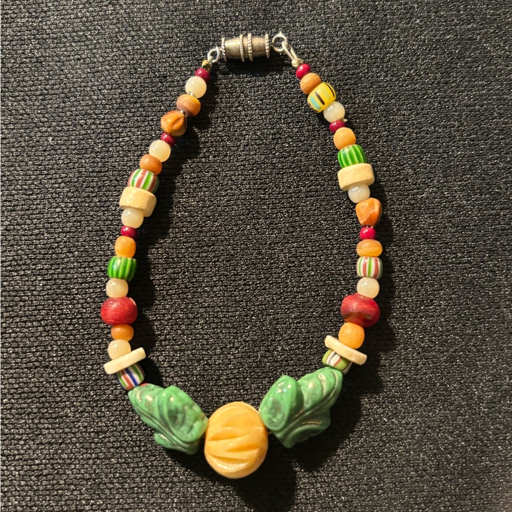 Multicolor Beaded Bracelet with Green Accents Hand Crafted